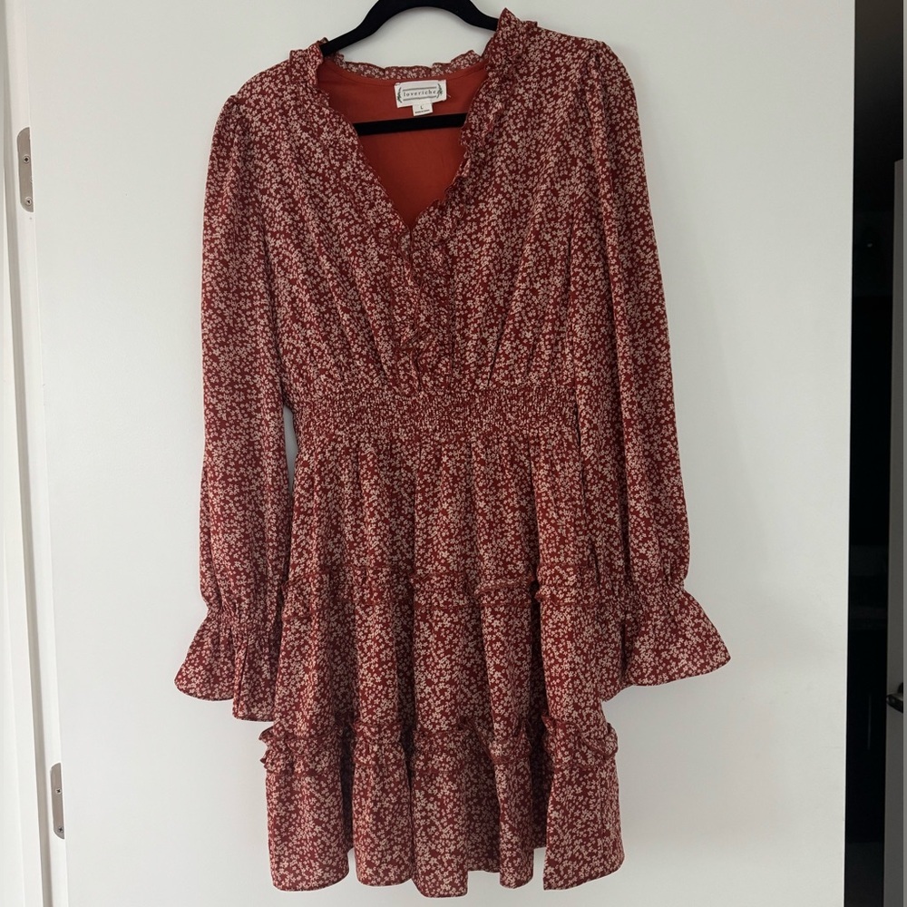 Love Riche Burnt Orange Floral Long Ruffle Sleeve Dress